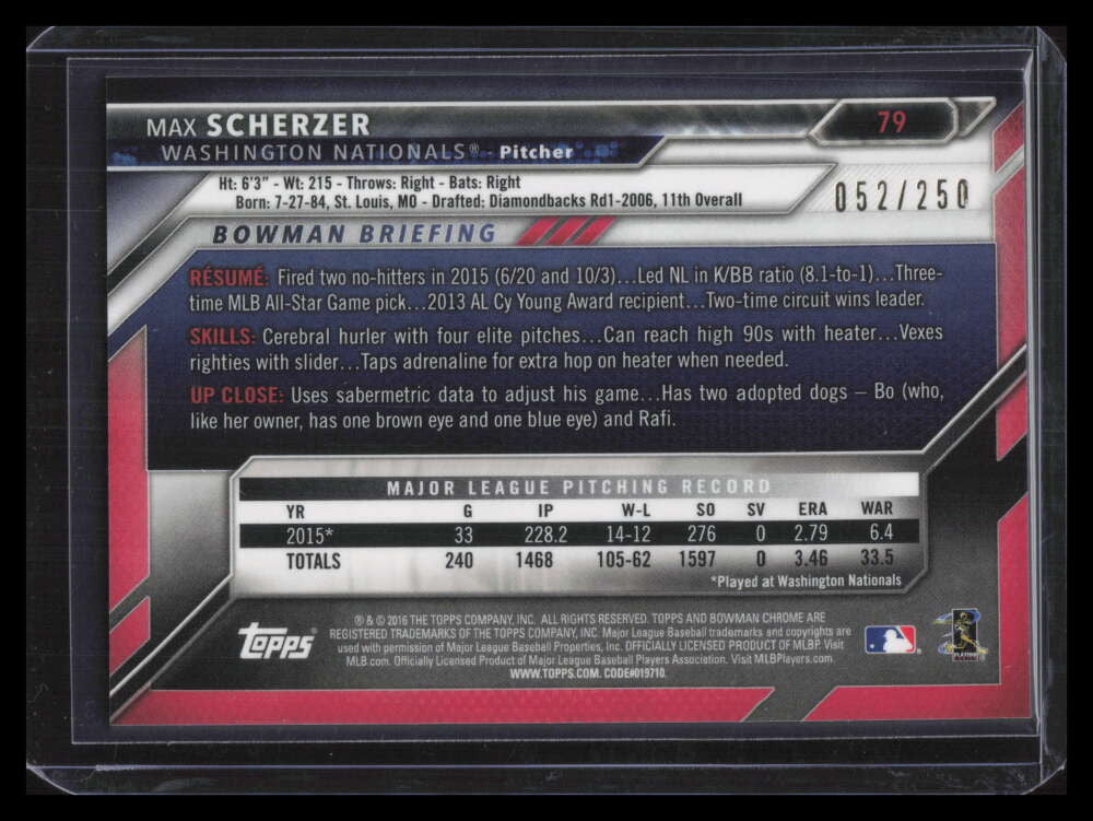 2016 Bowman Chrome Purple Refractor 79 Max Scherzer 52/250