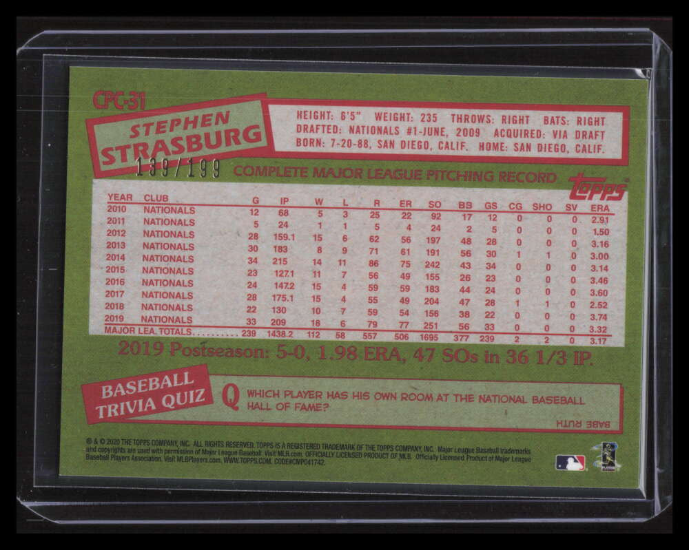 2020 Topps Update '85 Silver Pack Chrome Black Refractor cpc31 Strasburg 139/199