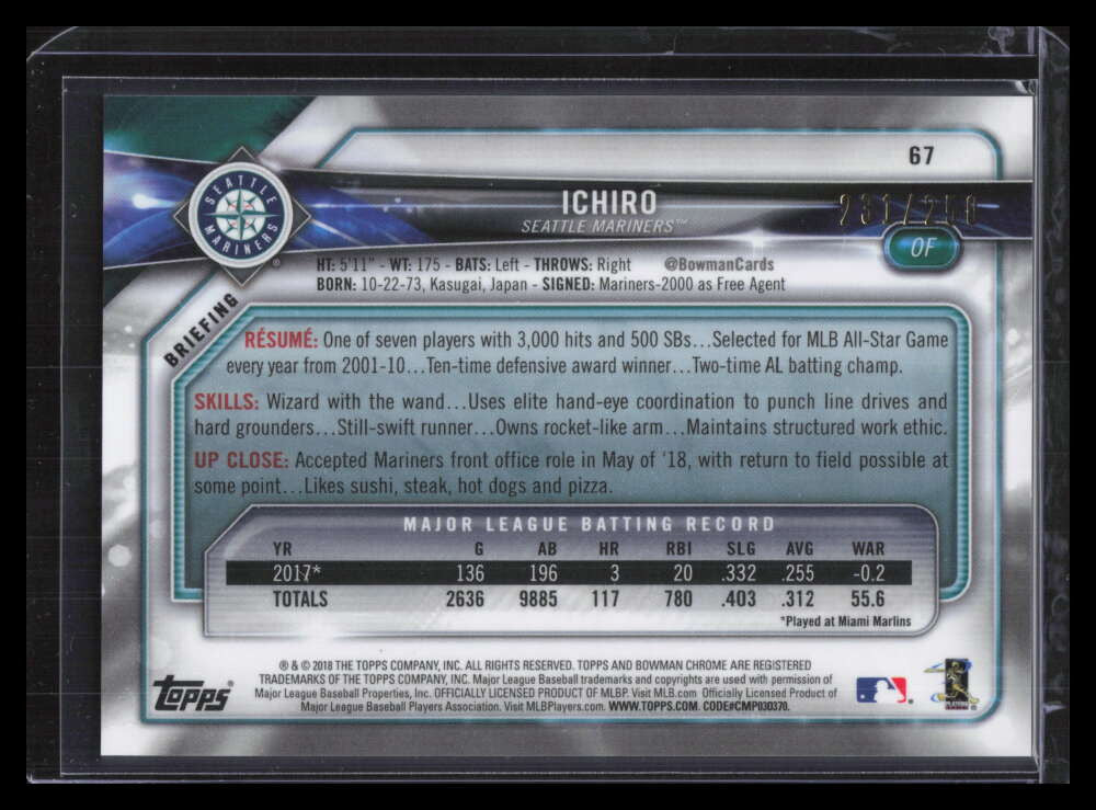 2018 Bowman Chrome Purple Refractor 67 Ichiro Suzuki 231/250