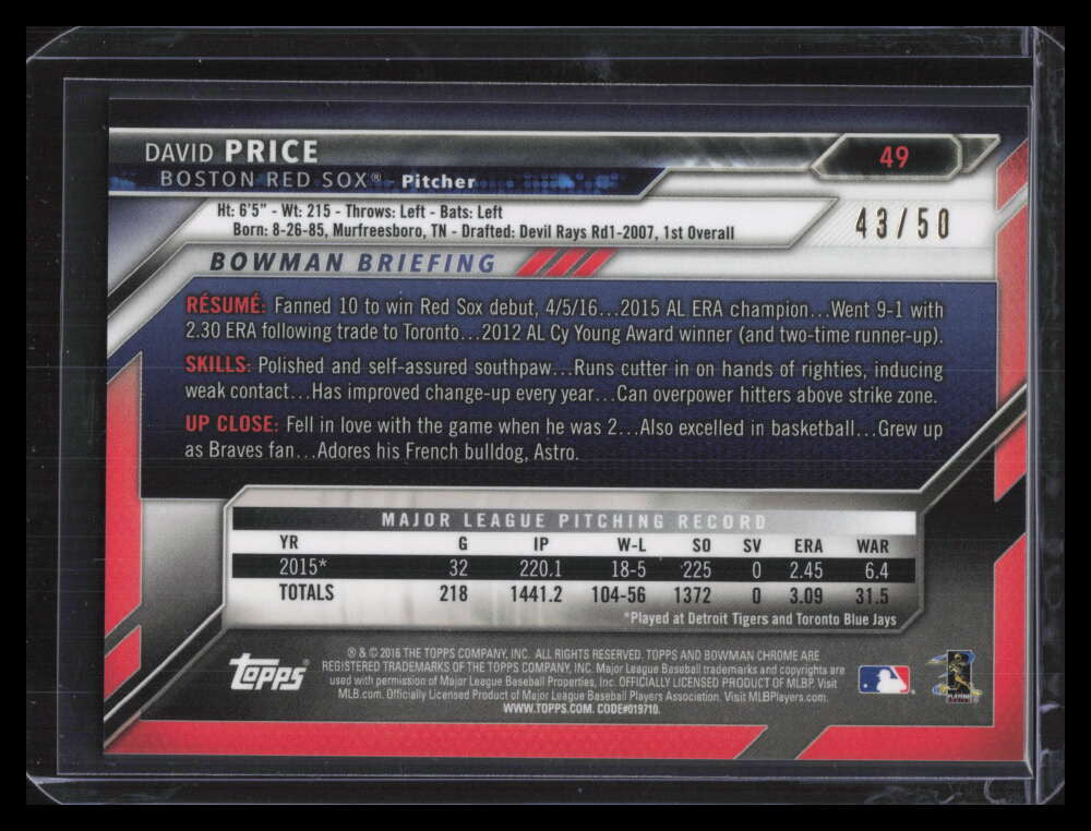 2016 Bowman Chrome Gold Refractor 49 David Price 43/50