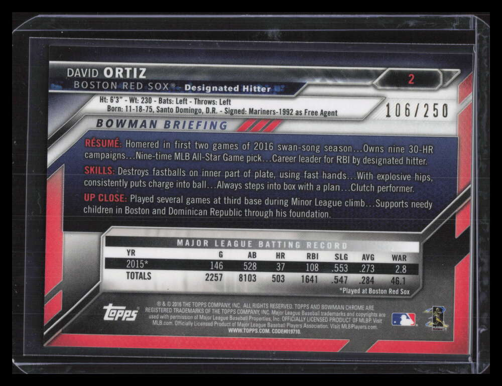 2016 Bowman Chrome Purple Refractor 2 David Ortiz 106/250