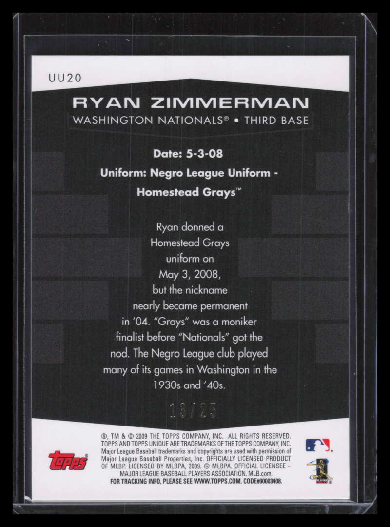 2009 Topps Unique Unique Unis Gold uu20 Ryan Zimmerman 13/25