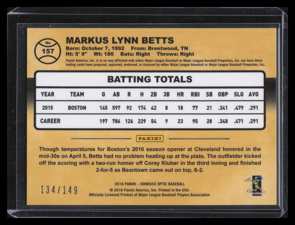 2016 Donruss Optic Blue Refractor 157 Mookie Betts 134/149