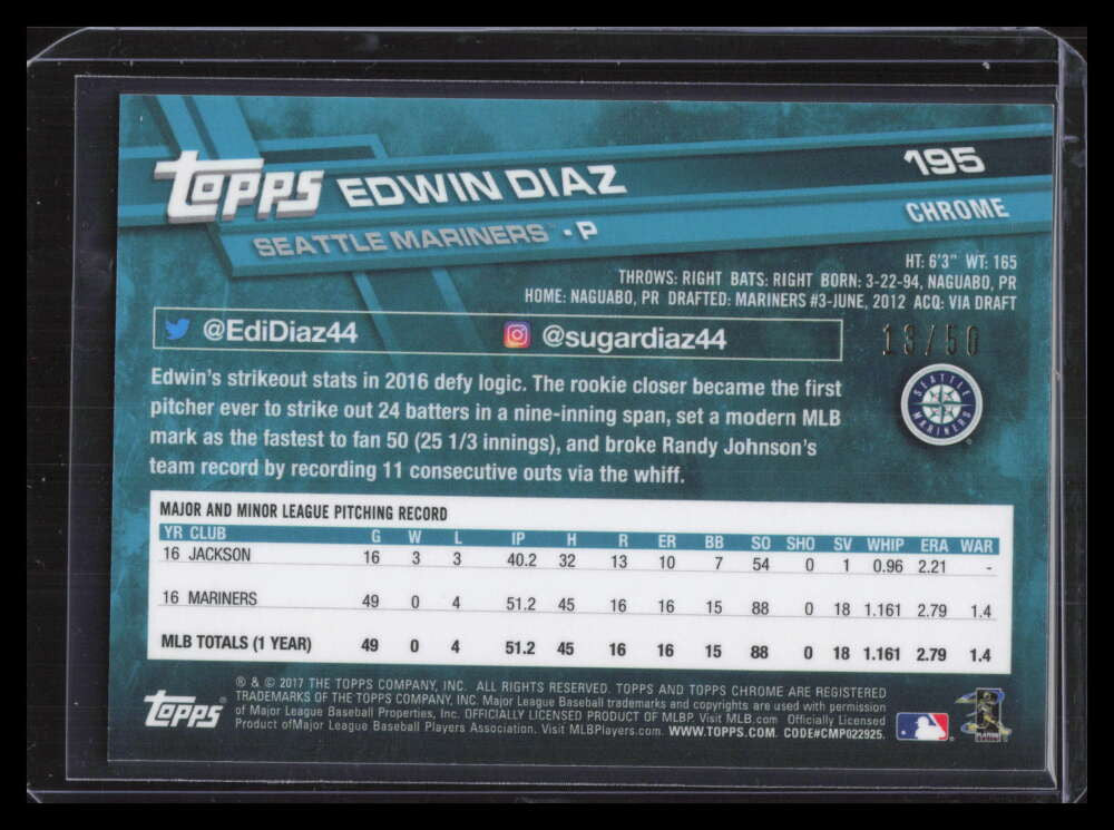 2017 Topps Chrome Gold Wave Refractor 195 Edwin Diaz 13/50