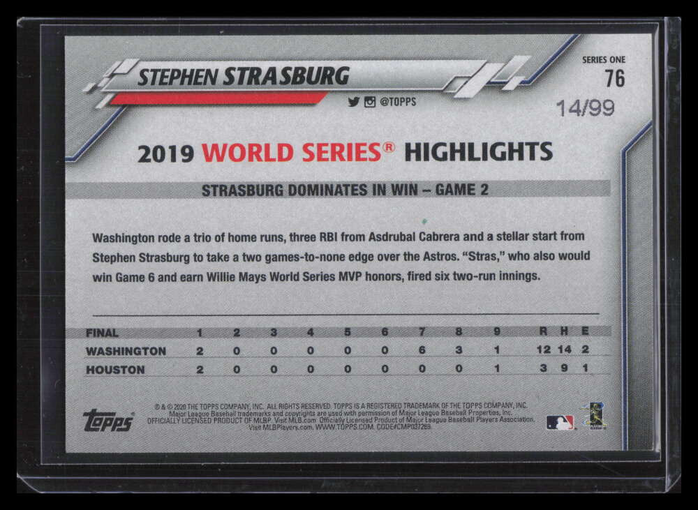 2020 Topps Vintage Stock 76 Stephen Strasburg WSH 14/99 World Series Highlights