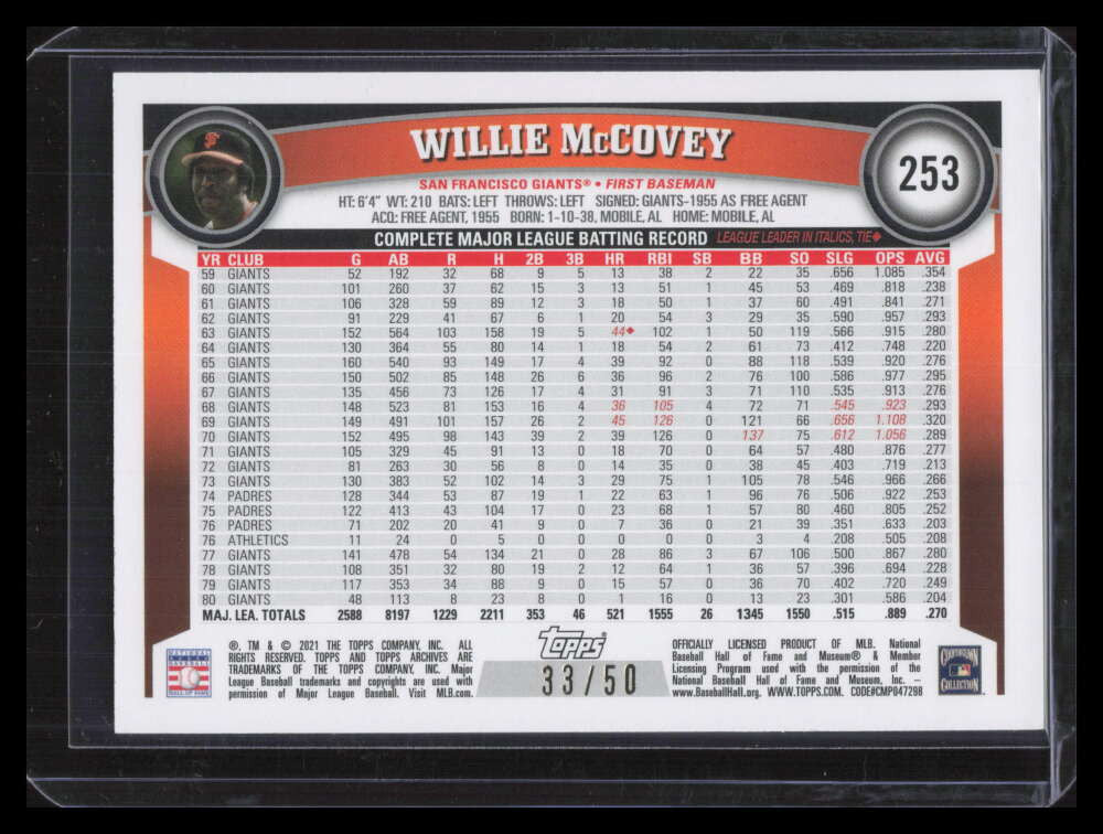 2021 Topps Archives Red Hot Foil 253 Willie McCovey 33/50