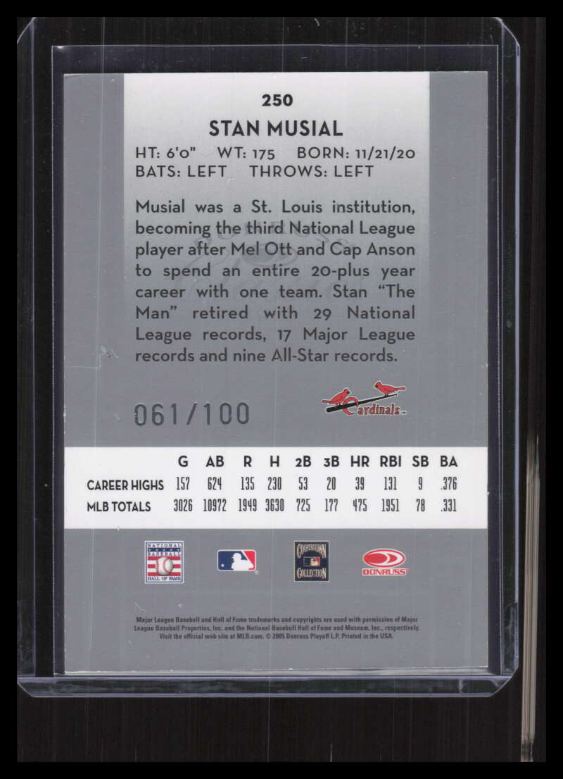 2005 Donruss Classics Timeless Tributes Silver 250 Stan Musial LGD 61/100 Legend
