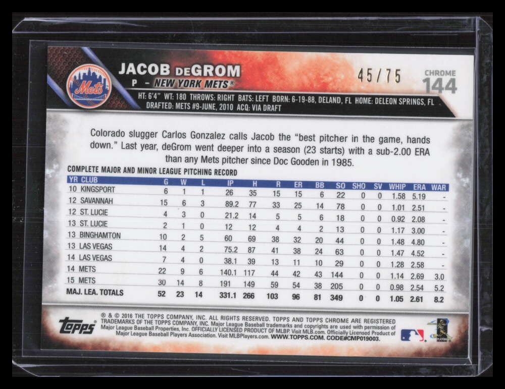 2016 Topps Chrome Blue Wave Refractor 144 Jacob deGrom 45/75