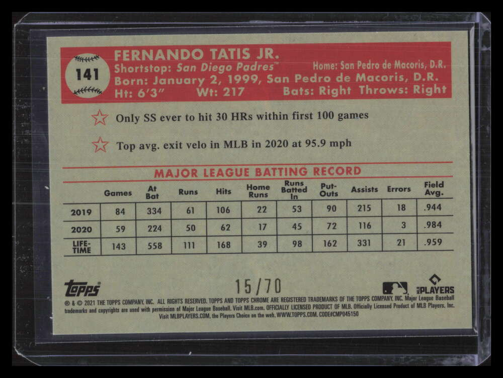DELETE 127264 2021 Topps Chrome Platinum Diamond 70th Refractor 141 Fernando Tatis Jr. 15/70