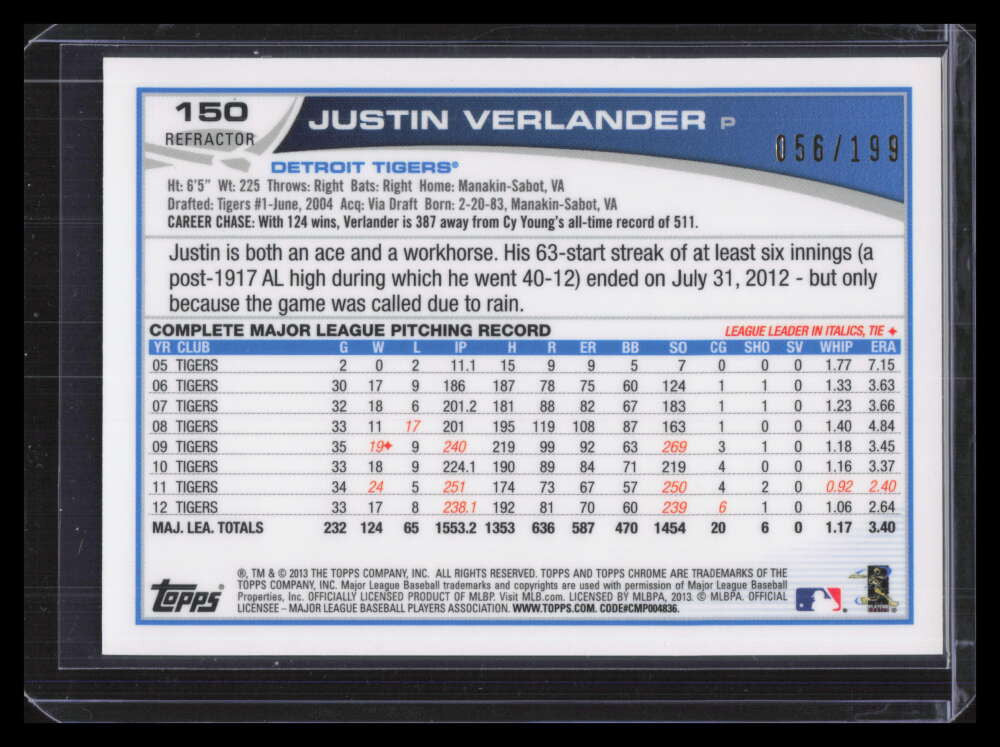 2013 Topps Chrome Blue Refractor 150 Justin Verlander 56/199