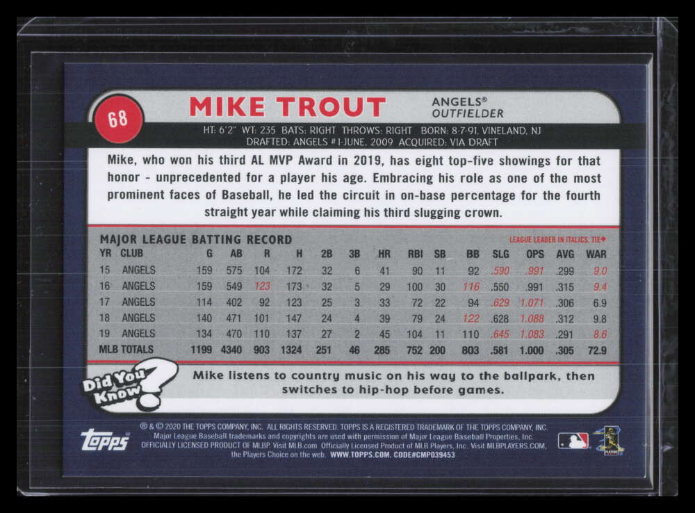 2020 Topps Big League Rainbow Foil 68 Mike Trout 94/100