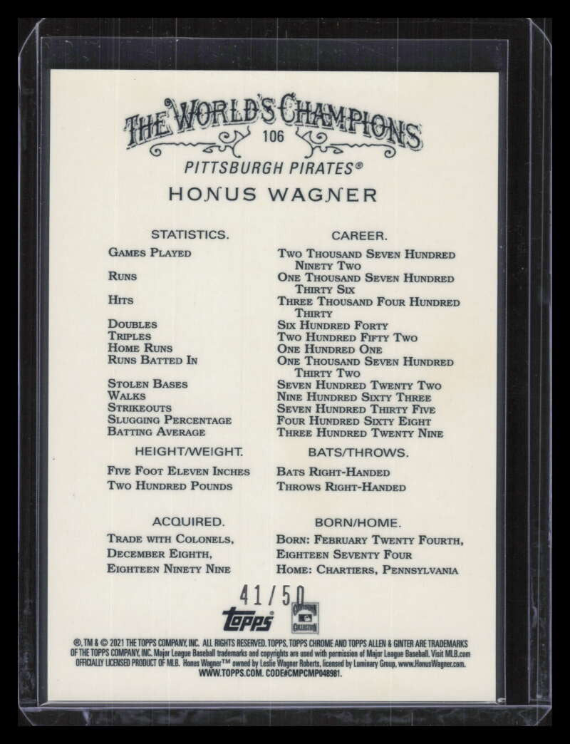2021 Topps Allen &amp; Ginter Chrome Gold Refractor 106 Honus Wagner 41/50