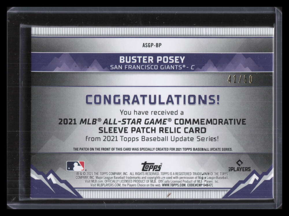 2021 Topps Update All-Star Game Sleeve Gold ASGPBP Buster Posey Patch 41/50