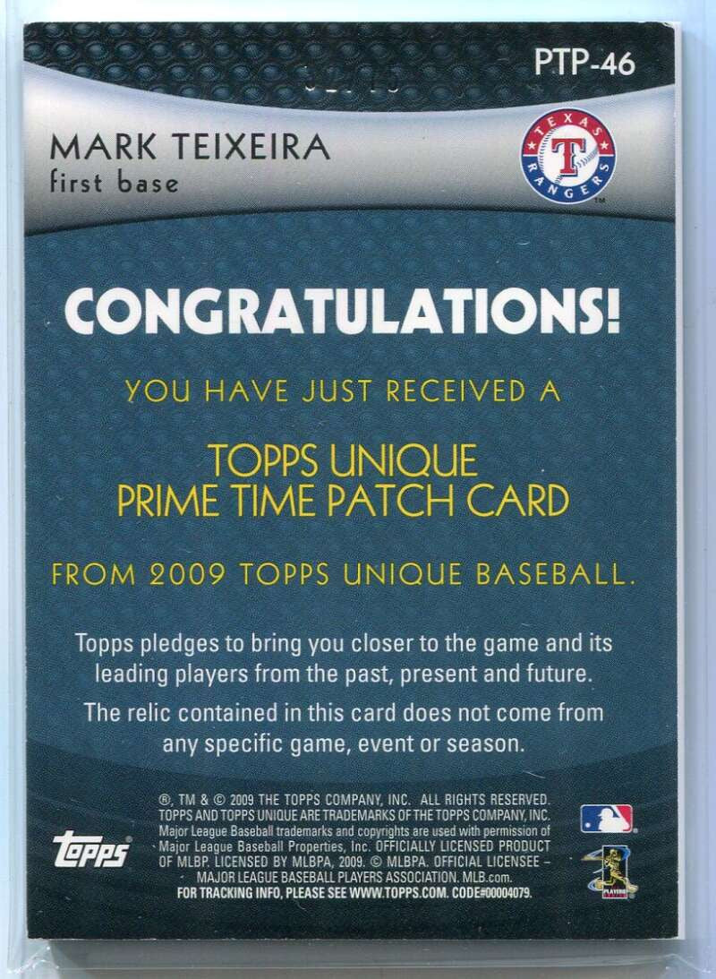 2009 Topps Unique Primetime Patches ptp46 Mark Teixeira Patch 32/75
