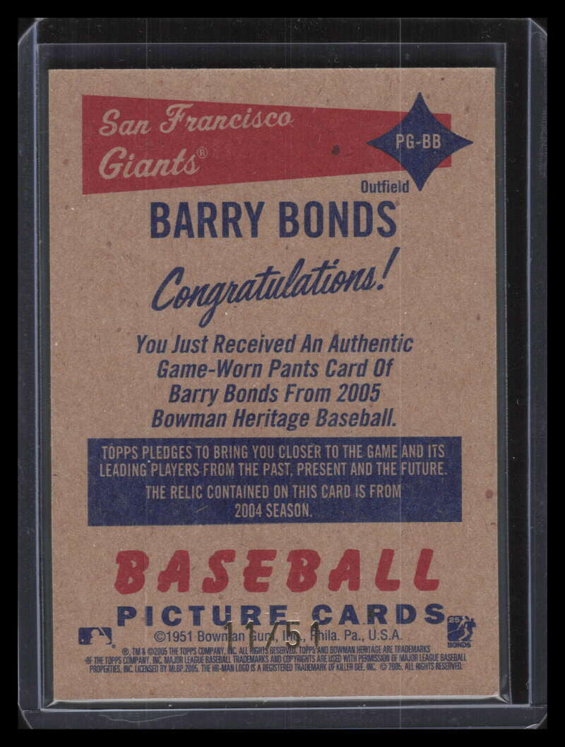 2005 Bowman Heritage Pieces Greatness Rainbow Barry Bonds Uniform Jersey 11/51