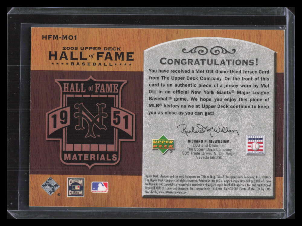 2005 Upper Deck Hall of Fame Materials mo1 Mel Ott Jersey 10/25