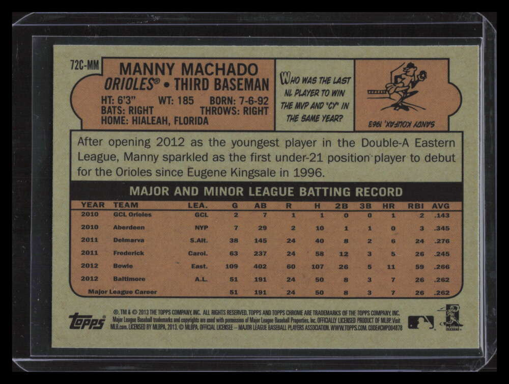 2013 Topps Chrome '72 Chrome 72cmm Manny Machado Rookie (a)