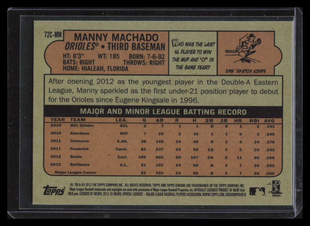 2013 Topps Chrome '72 Chrome 72cmm Manny Machado Rookie (b)