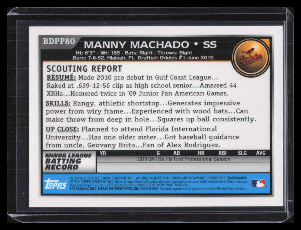 2010 Bowman Chrome Draft Prospects bdpp80 Manny Machado Rookie 124135