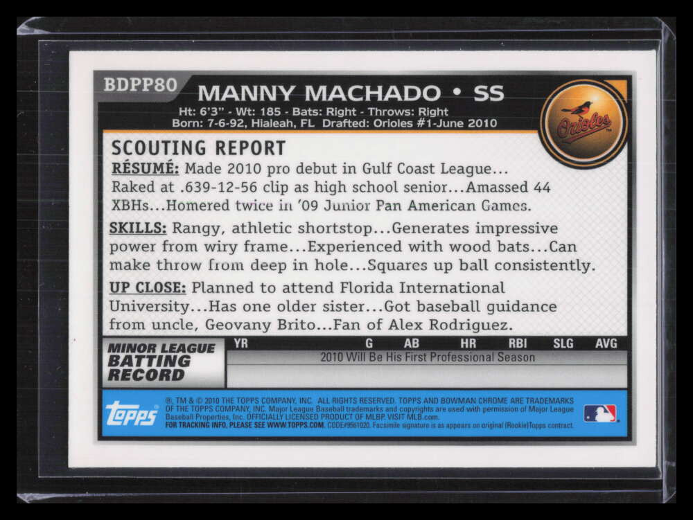 2010 Bowman Chrome Draft Prospects bdpp80 Manny Machado Rookie 124136