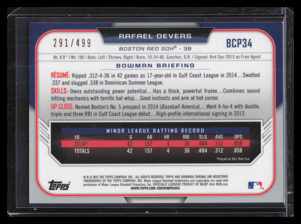 2015 Bowman Chrome Prospects Refractor bcp34 Rafael Devers Rookie 291/499
