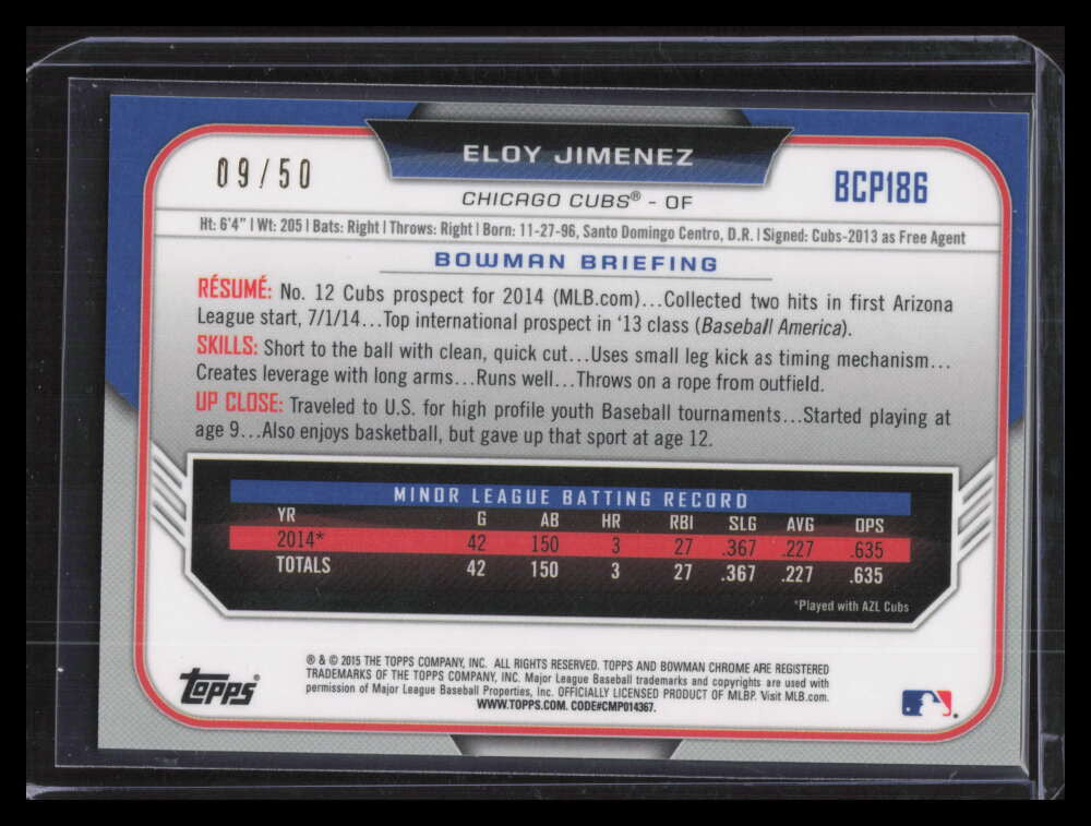2015 Bowman Chrome Prospects Gold Refractor bcp186 Eloy Jimenez Rookie 9/50