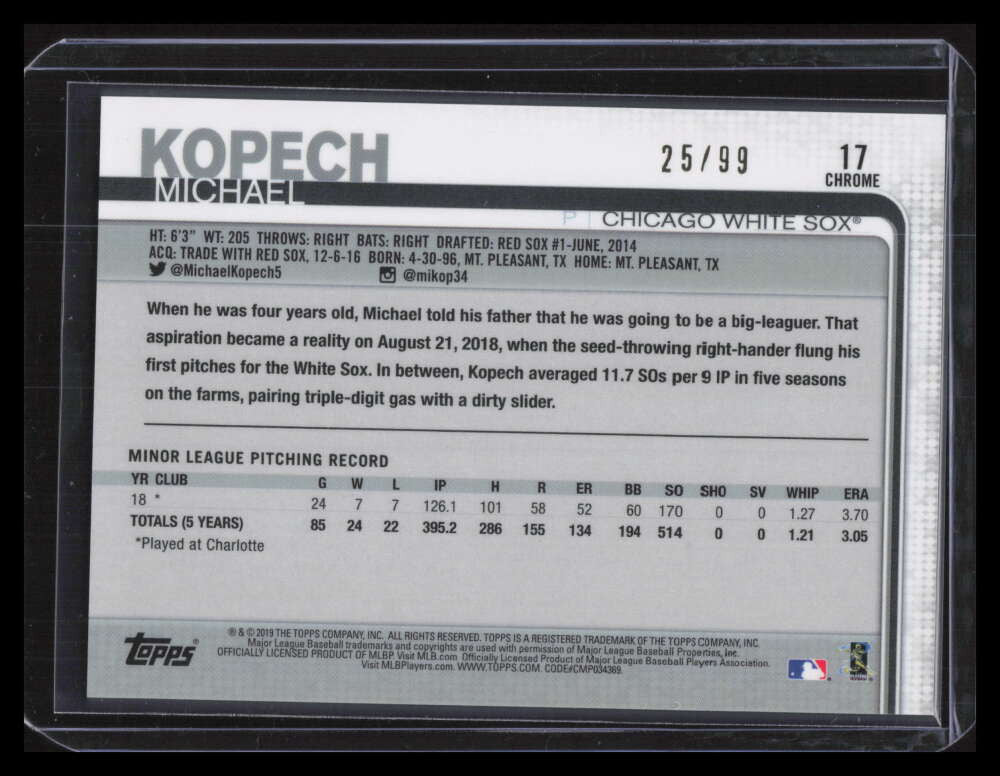 2019 Topps Chrome Green Wave Refractor 17 Michael Kopech Rookie 25/99