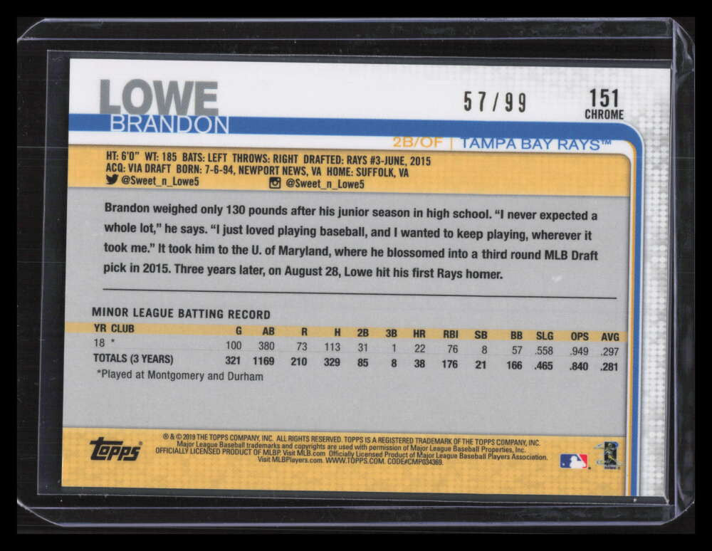 2019 Topps Chrome Green Wave Refractor 151 Brandon Lowe Rookie 57/99