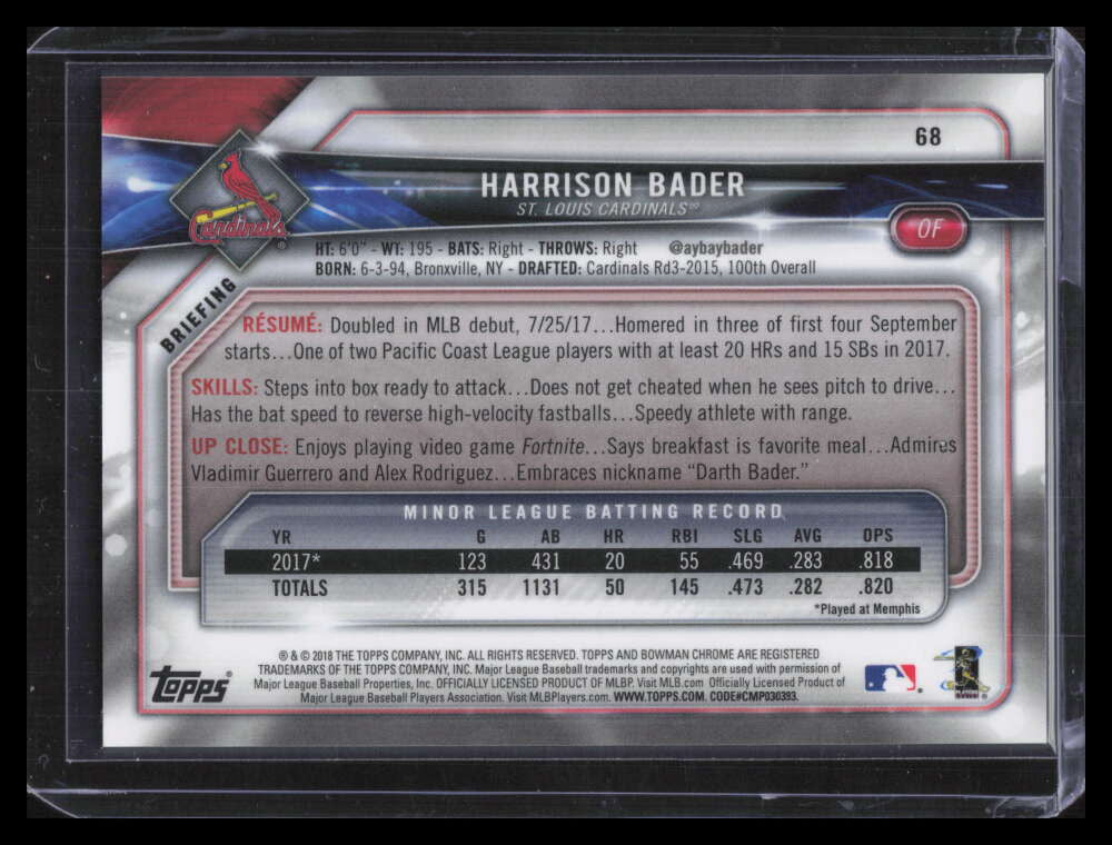 2018 Bowman Chrome Rookie Image Variations 68 Harrison Bader White Jersey Rookie