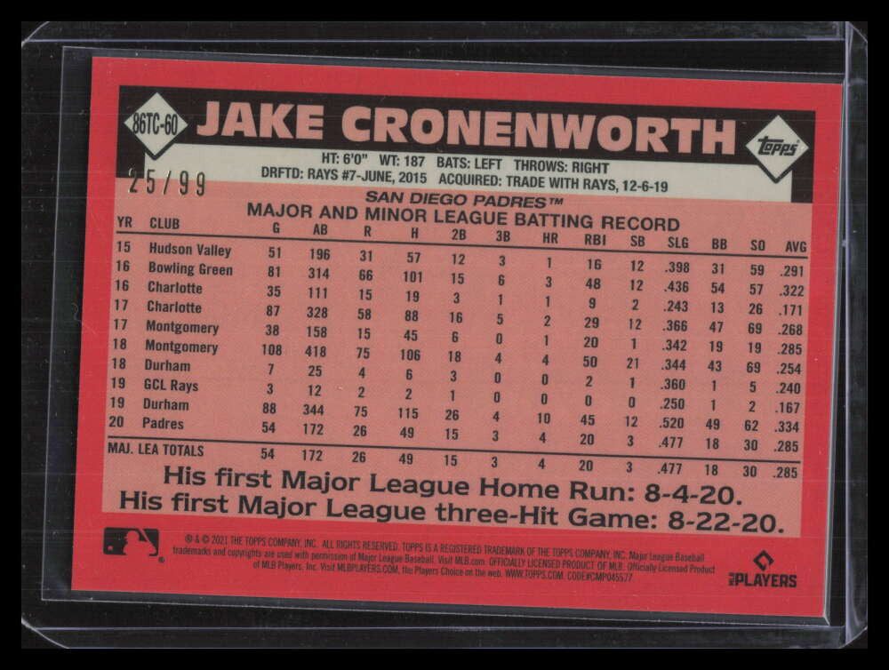 2021 Topps 86 Silver Pack Chrome Chrome Green Refractor Cronenworth Rookie 25/99