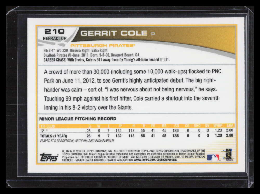 2013 Topps Chrome Refractor 210 Gerrit Cole Rookie 124729
