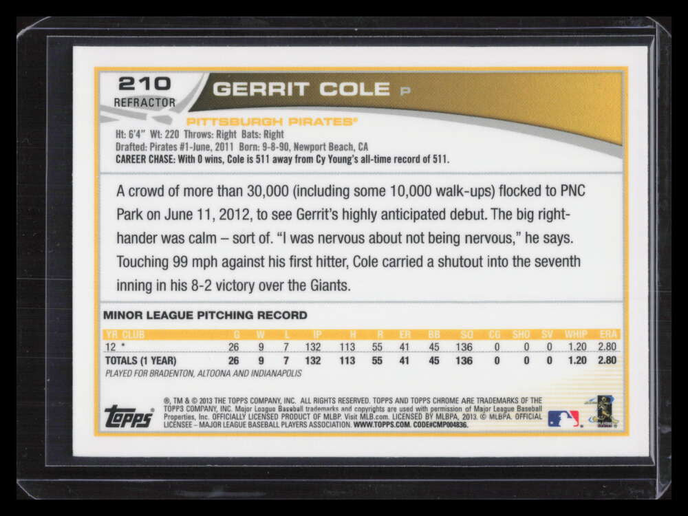 2013 Topps Chrome Refractor 210 Gerrit Cole Rookie 124730