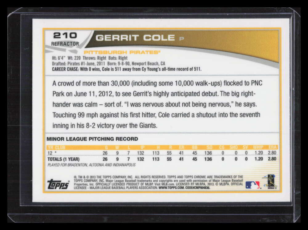 DELETE 127854 2013 Topps Chrome Refractor 210 Gerrit Cole Rookie 124731