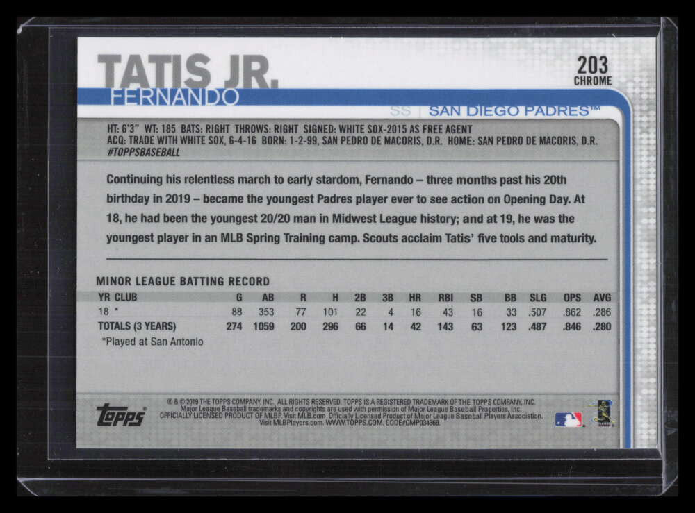 DELETE 127893 2019 Topps Chrome 203 Fernando Tatis Jr. Rookie 124770