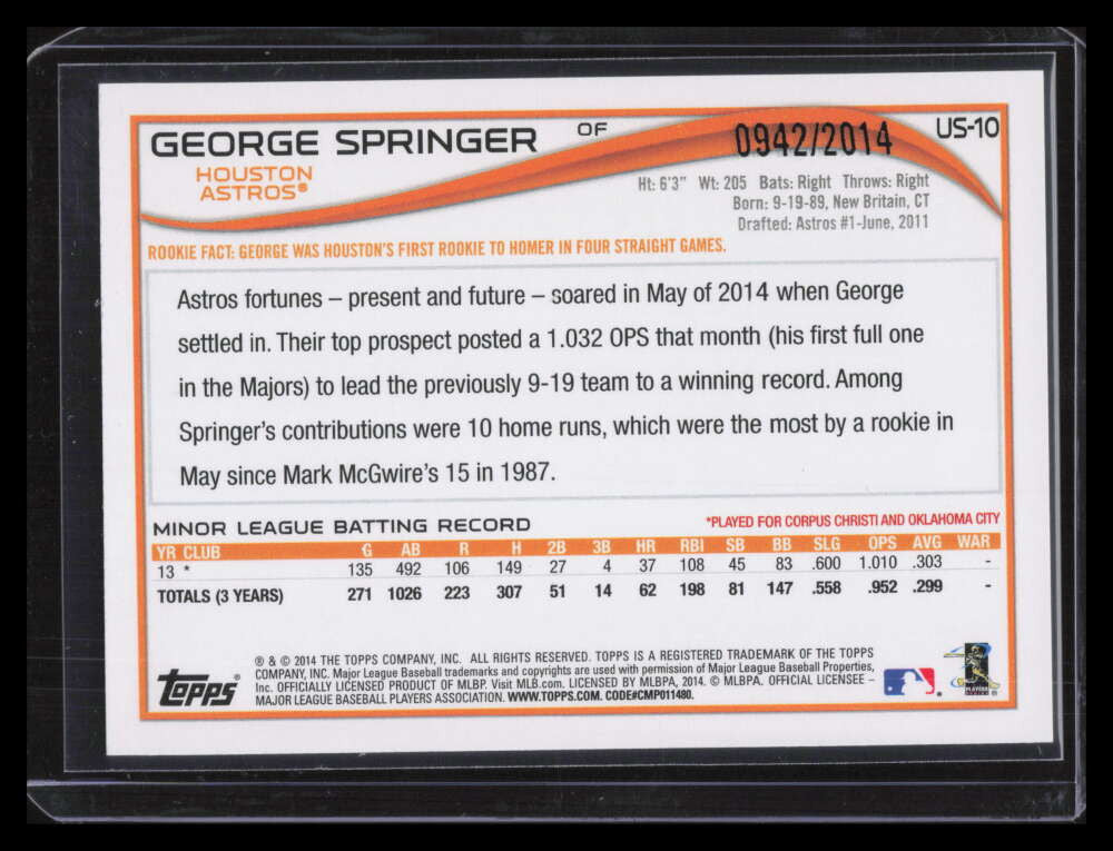 2014 Topps Update Gold us10 George Springer Rookie 942/2014