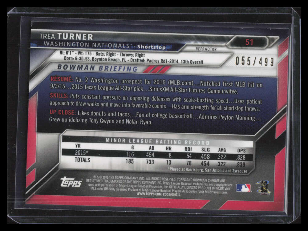 2016 Bowman Chrome Refractor 51 Trea Turner Rookie 55/499