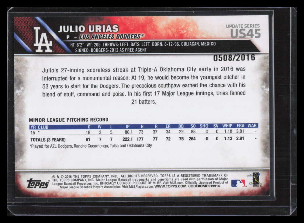 DELETE 127927 2016 Topps Update Gold us45 Julio Urias Rookie 508/2016