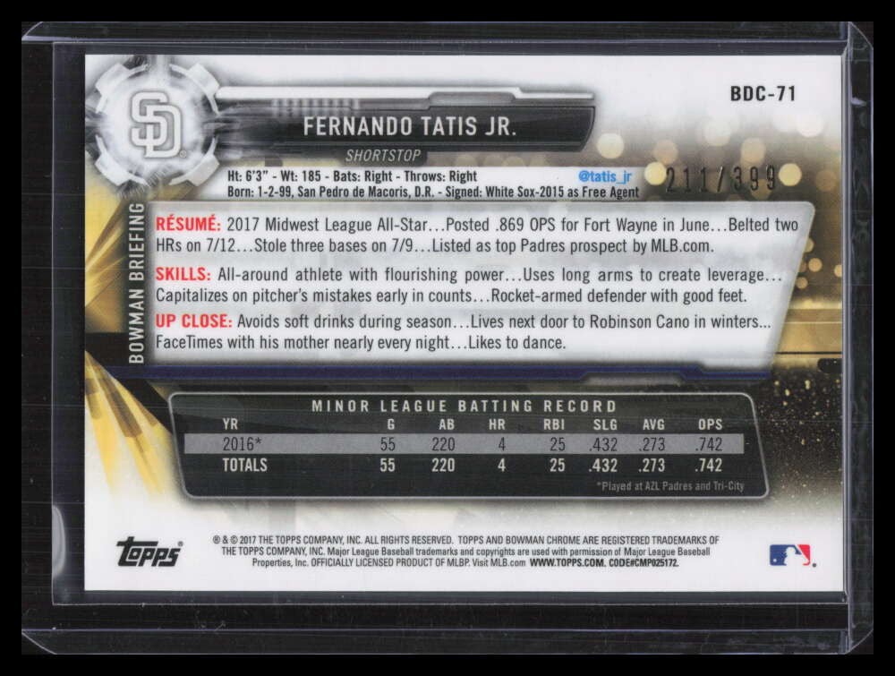 DELETE 127932 2017 Bowman Chrome Draft Sky Blue Refractor bdc71 Fernando Tatis Rookie 211/399