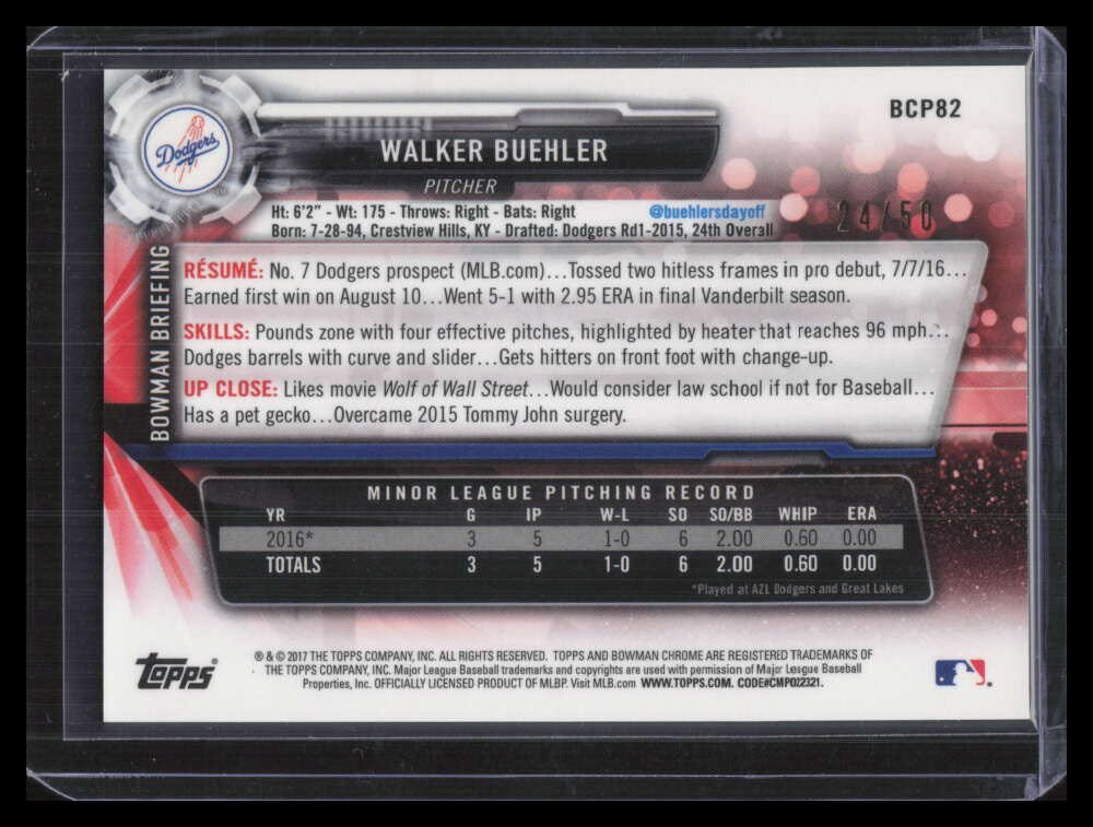 DELETE 127937 2017 Bowman Chrome Gold Shimmer Refractor bcp82 Walker Buehler Rookie 24/50