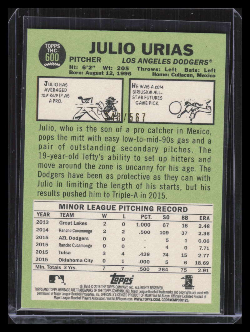 DELETE 127941 2016 Topps Heritage Chrome Refractor thc600 Julio Urias Rookie 348/567
