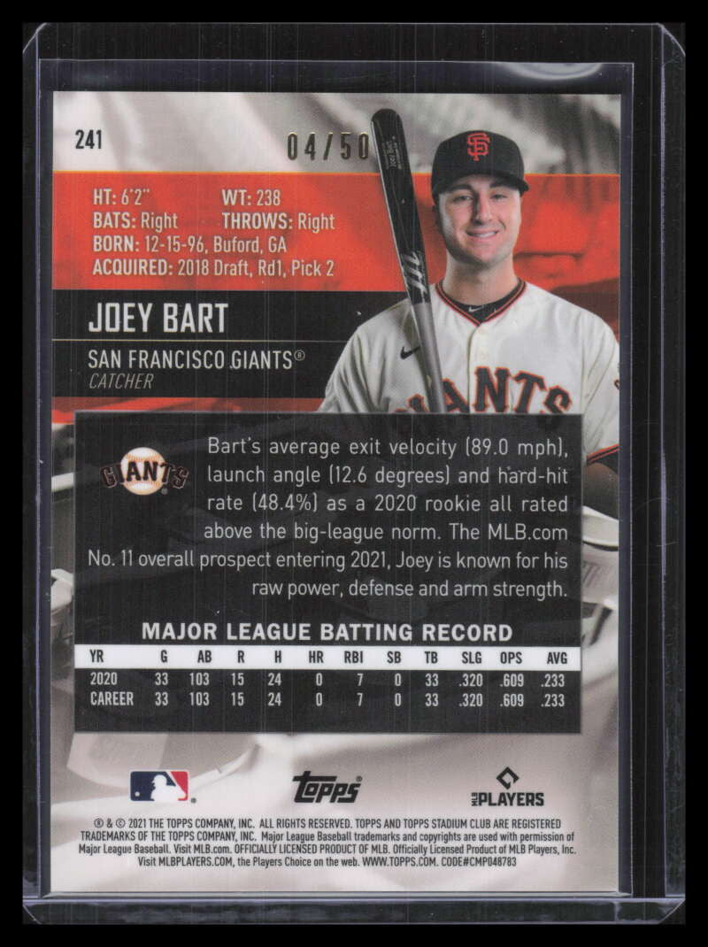 DELETE 127947 2021 Stadium Club Chrome Gold Refractor 241 Joey Bart Rookie 4/50