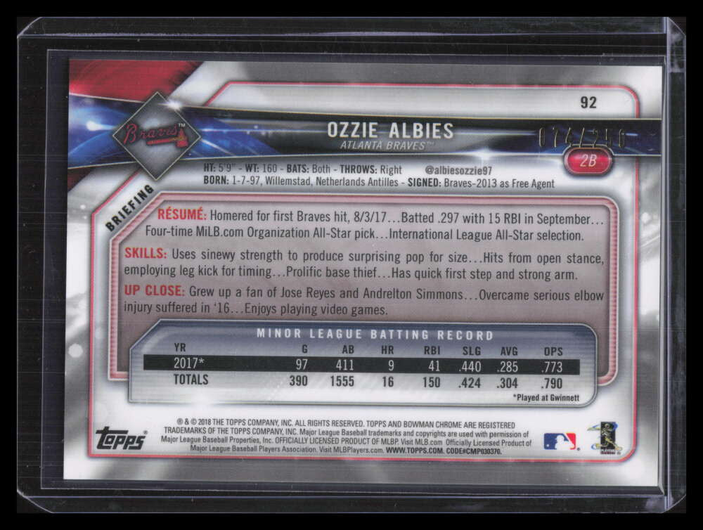 2018 Bowman Chrome Purple Refractor 92 Ozzie Albies Rookie 74/250