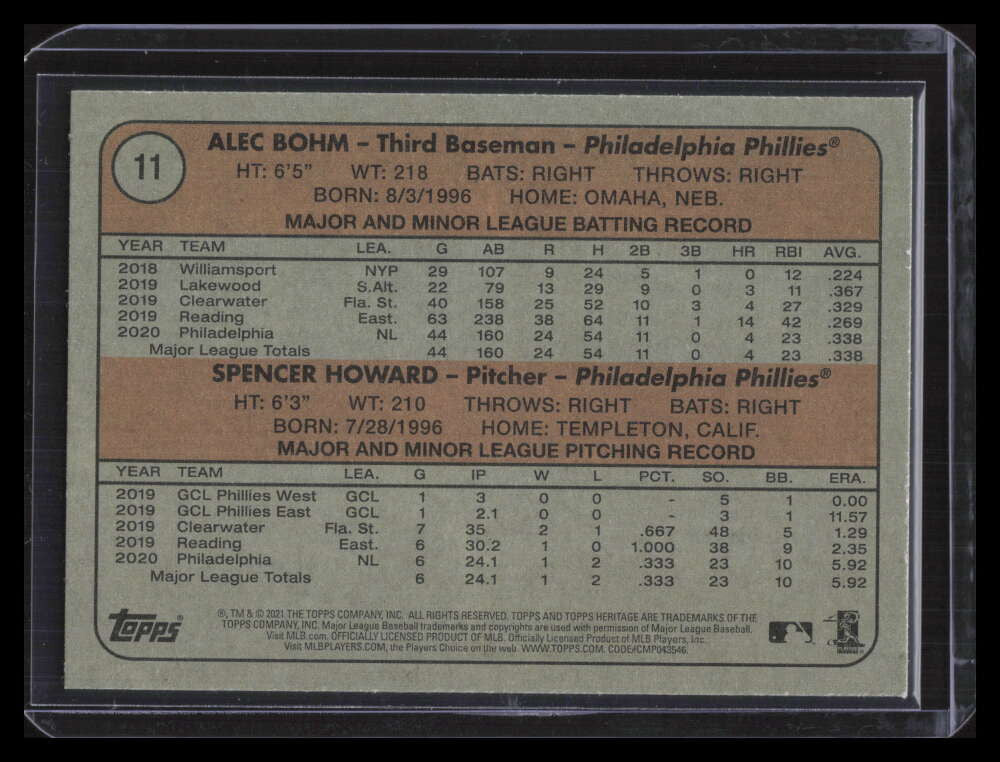 2021 Topps Heritage Black Border 11 Spencer Howard Alec Bohm Rookie /50