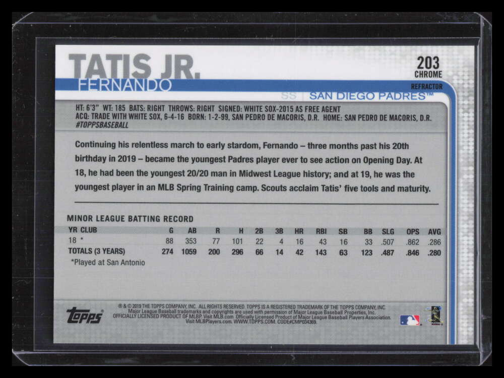 DELETE 127982 2019 Topps Chrome Refractor 203 Fernando Tatis Jr. Rookie