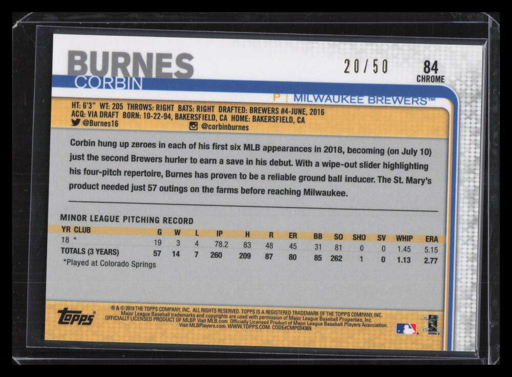2019 Topps Chrome Gold Wave Refractor 84 Corbin Burnes Rookie 20/50