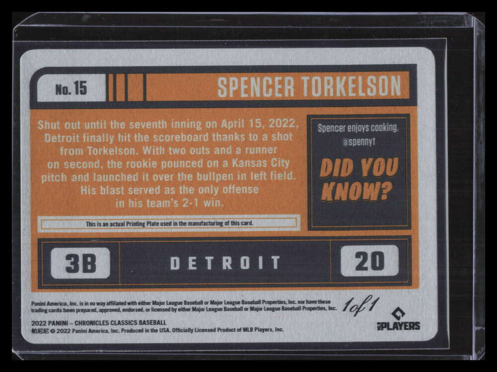 2022 Panini Chronicles Classics Printing Plate Cyan Spencer Torkelson Rookie 1/1
