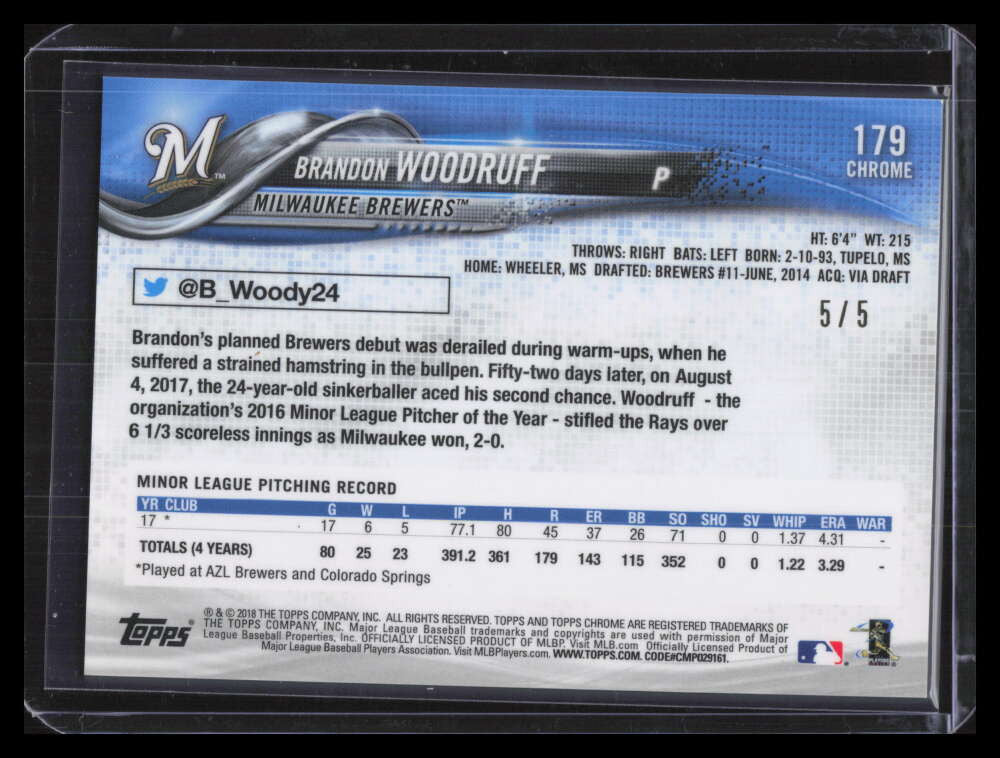 2018 Topps Chrome Red Wave Refractor 179 Brandon Woodruff Rookie 5/5