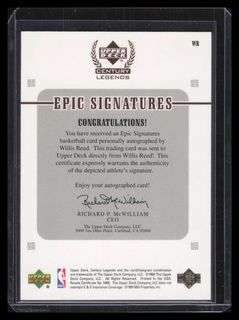 1999 Upper Deck Century Legends Epic Signatures WR Willis Reed Auto