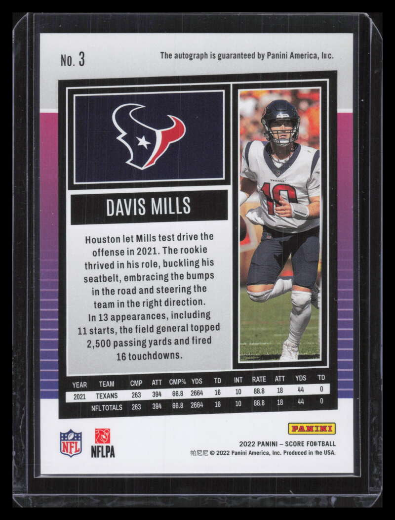 2022 Score Signatures Red Zone 3 Davis Mills Auto 17/20