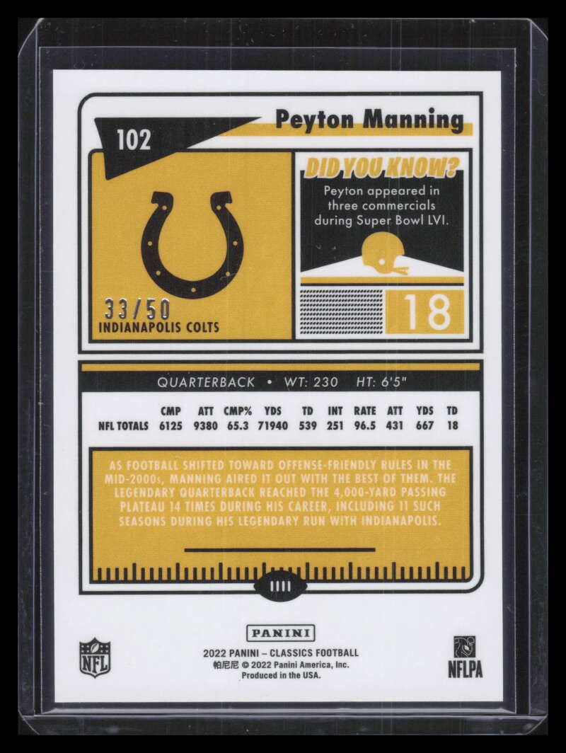 2022 Classics Premium Timeless Tributes h2 Purple 102 Peyton Manning LEG 33/50